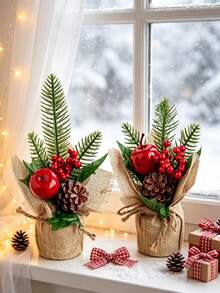 1/3pcs Artificial Mini Christmas Tree With Red Berries, Mushrooms, Pine Cones, Suitable For Christmas Decoration, Tabletop Decor, Home Decor, Christmas Decoration, Birthday Gift - Red - View 1