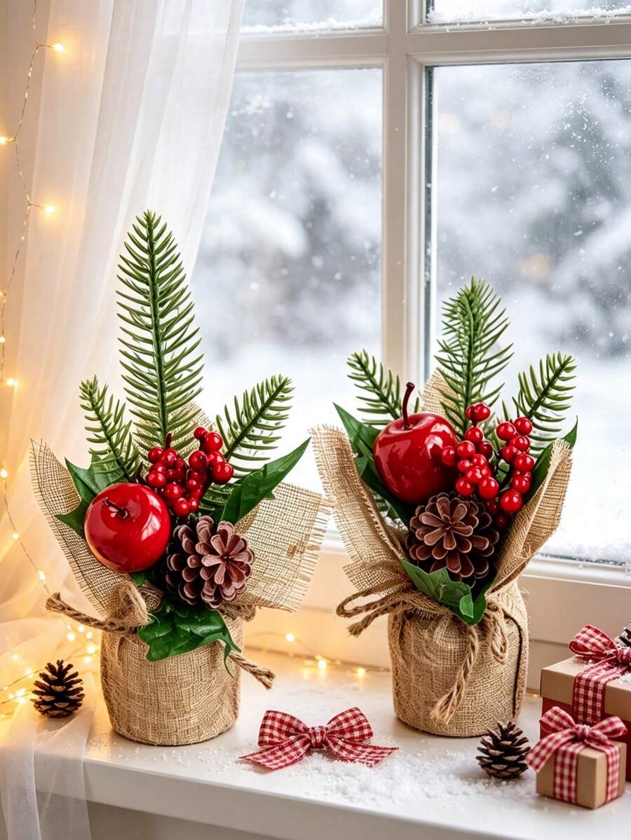 1/3pcs Artificial Mini Christmas Tree With Red Berries, Mushrooms, Pine Cones, Suitable For Christmas Decoration, Tabletop Decor, Home Decor, Christmas Decoration, Birthday Gift - Red - View 1