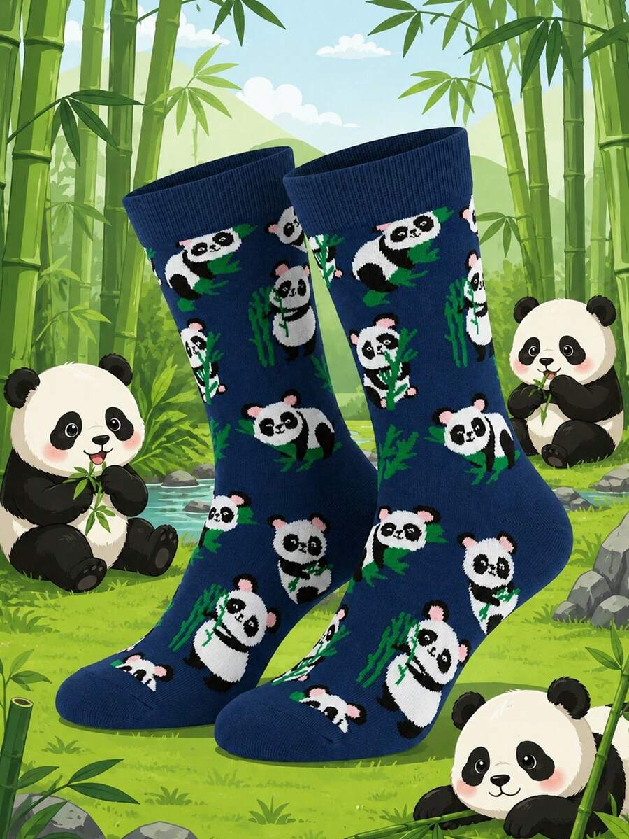 1 Pair Of Crew Sock, Men Funny Graphic Socks, Cute Panda Bamboo Pattern Socks, Soft Breathable, Halloween Christmas Holiday Gift For Men Women - Multicolor - View 1