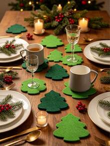 1 Set Felt Christmas Tree Coasters, Suitable For Winter Holiday Drinks, Heat-Insulating Coasters, Can Be Used As Desktop Decoration, Suitable For Home, Kitchen, Bar Or Dining Table, Perfect For Christmas Party Decoration - Multicolor - View 6
