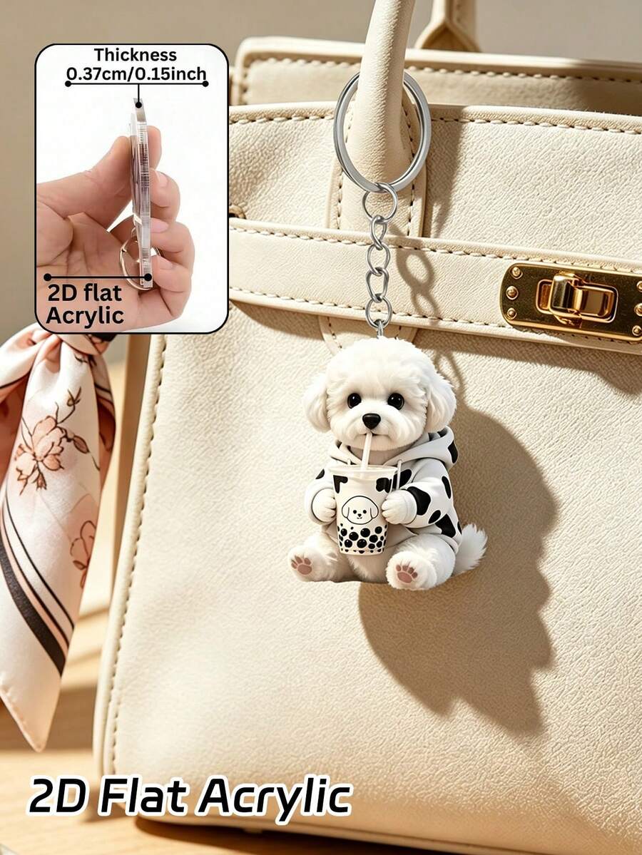 2D Acrylic Hanging Ornament With Pattern Of A Cute Puppy Drinking Milk Tea – Animal-Themed Keychain And Bag Charm. Home Decor, Pet Ornament, Handbag Pendant, Birthday Gift For Pet Lovers, Halloween And Christmas Gift