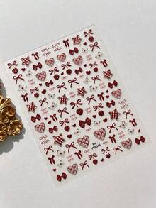 1 Piece Red Maillard‑Toned Colorful Bow Plaid Stripe Heart Star Butterfly Adhesive Nail Charms, DIY Art Sticker Nail Decals - Red - View 4