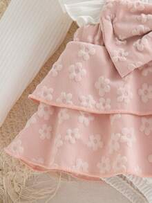Autumn/Winter Baby Girl Cute White Flutter Sleeve Patchwork Pink Double Layer Ruffle Romper & Bow Socks & Bow Headband Holiday Gift Stylish Outfit - White - View 11