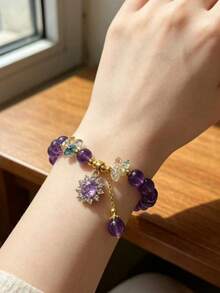 Healing Crystal/Purple Natural Bracelet With Sunflower Decoration - Purple And Gold Toned Fashion Jewelry - Multicolor - View 9