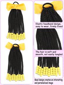 1pc Kids Black Curly Ponytail Wig With Beads, Elastic Synthetic Hair Extension - Multicolor - View 4