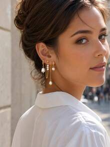 4pcs/Set Fashion Brass KC Gold Plated Baroque Pearl Earrings, Suitable For Daily Wear - Gold - View 5