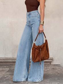 Women's Classic Solid Color Loose Wide Leg Jeans, Fashionable Versatile Casual Pants - Medium Wash - View 3