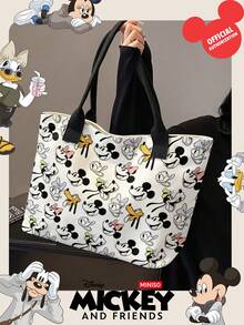 Miniso Disney Mickey And Friends Canvas Tote Bag With All-Over Cartoon Character Print Shoulder Bag With Handles For Daily Use - Black - View 4
