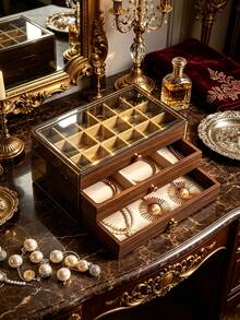 1pc Acrylic Walnut Wood Grain Jewelry Box, Wear-Resistant Acrylic Shell, Dust-Proof Visible Crystal Handle, Home Storage, Bracelet, Gift Choice, Wear-Resistant Texture, Layered, Partitioned, Large Capacity, Necklace, Ring, Earring, Scratch-Resistant, Dust-Proof - Multicolor - View 5