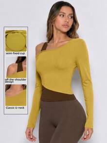 Never me Women's Sports T-Shirt Asymmetrical Shoulder 2 In 1 Patchwork Long Sleeve Asymmetrical Hem Cropped Top Suitable For Yoga Pilates Jogging Commuting - Olive Green - View 3
