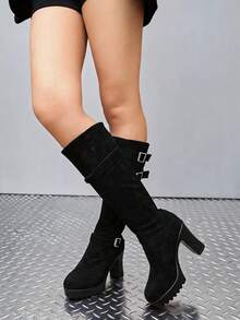 Women Knee High Boots Pull On Buckle Strap Block Heel Round Toe - Black - View 6