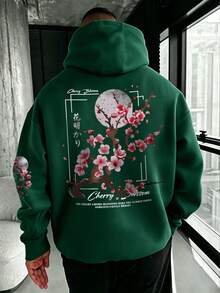男士秋冬休閒時尚街頭風梅花樹標語印花袋鼠口袋抽繩連帽衛衣 - 綠色 - 查看 1