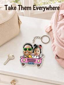 Personalized Face Cutout Photo Keychain, Custom Pink Cartoon Car With Double Photo And Text, Couple Family Keepsake For Bags And Keys - Multi-color - View 6