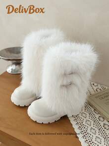 2026 Winter Girls' Plush Mid-Calf Boots, Long Fur Upper With Double Metal Buckle Decor, Round Toe, Thick Serrated Non-Slip Sole, Warm Snow Boots, Sweet & Cool Style, Daily Wear, Outdoor, Photo Outfit, Mid-Calf Kids' Shoes - Beige - View 3