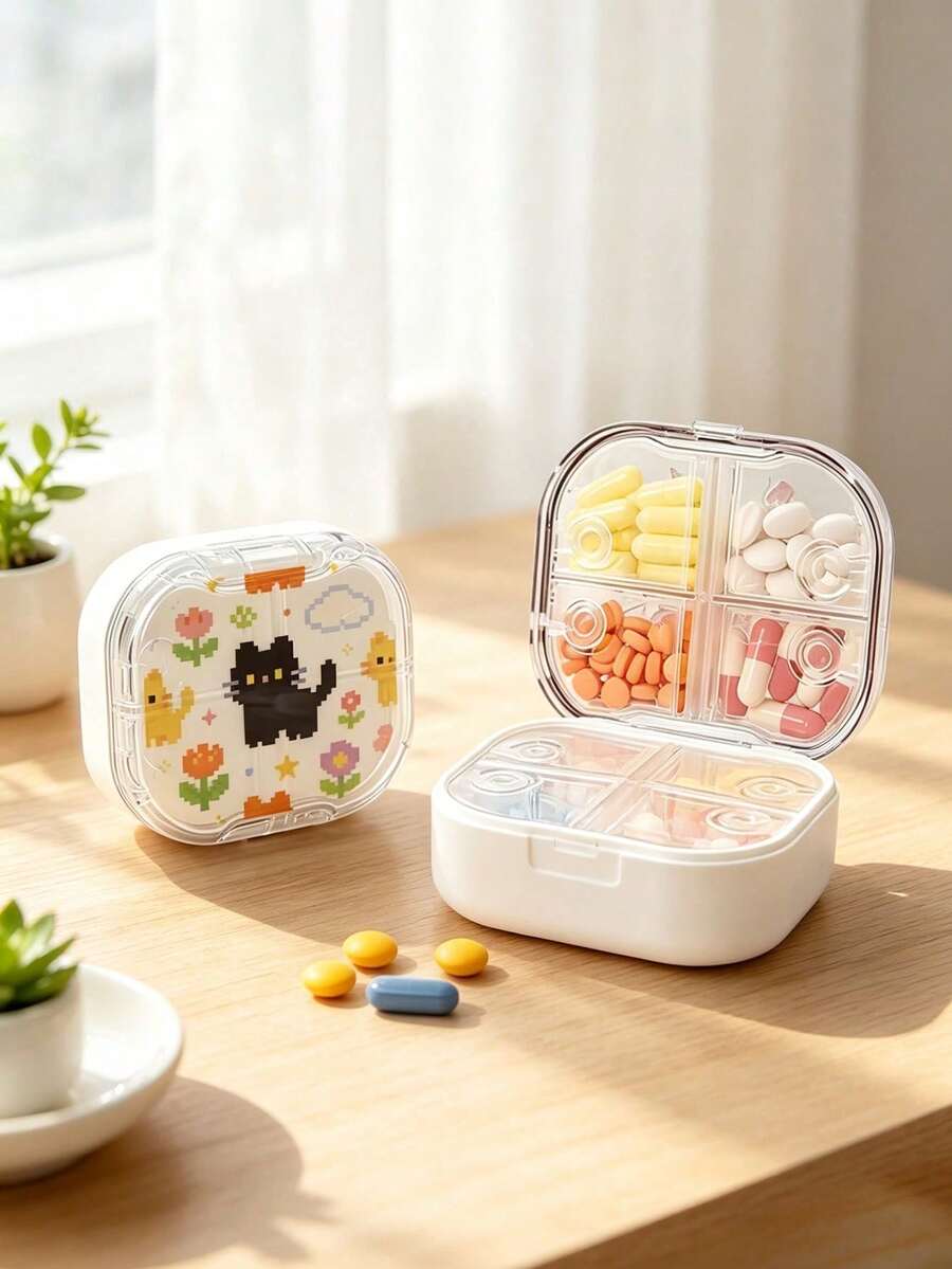 Waterproof Pill Box With Pixel Cat Pattern, Independent Sealed Compartments, Moisture-Proof Mini Visible Pill Box, Portable Printed Divided Pill Box, Travel Carry-On Pill Box, Cute Mini Pill Box, Double Layer 8-Compartment Capsule Storage Box