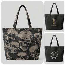 1Pc Skull All‑Over Print Corduroy Large Capacity Open Top Tote Bag, Holds Books Daily Essentials For Student School Shopping Daily Travel - Multicolor - View 2