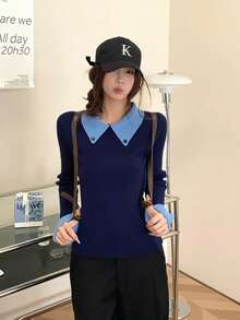 Sweater Rajut Lengan Panjang Patchwork Colorblock Wanita, Atasan Layering 2 in 1 dengan Kerah Niche Musim Gugur - Navy Blue - View 5