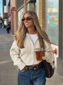 Senya Autumn/Winter New Vintage Oversized Lapel Double Zipper Cable Knit Cardigan, Loose Drop Shoulder Casual Short Commuter Sweater Fall - Apricot - View 2