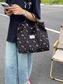 Vintage Fashion Floral Pattern Tote Bag, Korean Style Casual Large Capacity Shoulder Bag, Suitable For Women Travel And Vacation - Black - View 6