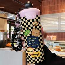 1PC 600ML Stainless Steel Thermal Cup With Leopard Print Label, Checkered Rabbit, And Checkered Little Bear Patterns, Double-Use Coffee Cup, Portable Straw Cup, Lanyard Thermal Cup, Suitable For Office, School, Or As A Gift For Holidays/Birthdays - Multicolor - View 3