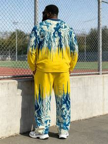 Plus Size Men's 2 Pieces Set, Men's Wide Leg Pants, Long Sleeve Graphic T-Shirt, Streetwear "Starry Sky Gradient Fluid Wave Tie-Dye Print" Pattern Outfit - Polyester Fabric, Drawstring, Pockets, Suitable For Plus Size - Yellow - View 6