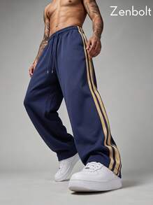 Zenbolt Men's Everyday Casual Wide Leg Pants, Adjustable Drawstring Waist, Side Contrast Stripe Webbing & Front Slant Pockets,Loose Straight Cut - Navy Blue - View 1
