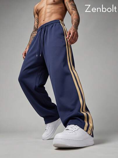Zenbolt Men's Everyday Casual Wide Leg Pants, Adjustable Drawstring Waist, Side Contrast Stripe Webbing & Front Slant Pockets,Loose Straight Cut