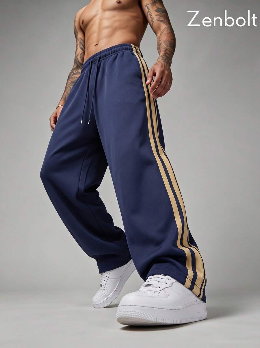 Zenbolt Men's Everyday Casual Wide Leg Pants, Adjustable Drawstring Waist, Side Contrast Stripe Webbing & Front Slant Pockets,Loose Straight Cut - Navy Blue - View 1