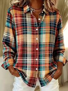 Back To School Season Casual Fashion Plaid Print Women's Plus Size Lightweight Long Sleeve Shirt - Multicolor - View 2
