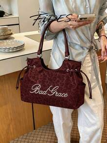 1件新款女款豹紋刺繡字母PU托特包，抽繩肩帶大容量通勤腋下包，休閒日常上班百搭手提斜挎包 - 酒紅色 - 查看 10