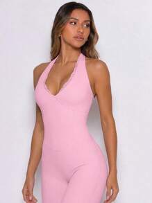 Never me Women's Halter Lace V-Neck Jumpsuit With Padded Chest, Open Back, Yoga Pilates Flare Leg Jumpsuit - Pink - View 6