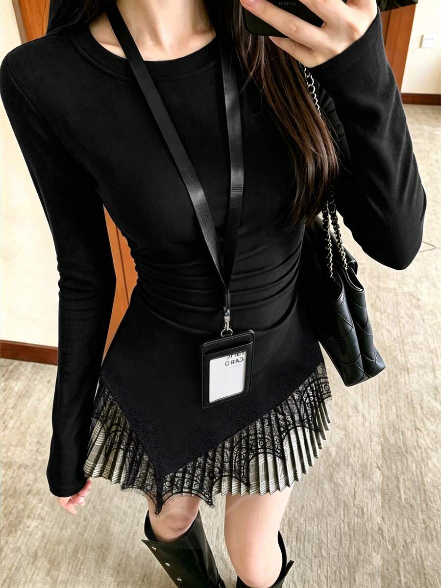 Women's Round Neck Long Sleeve T-Shirt, Spring/Autumn New Lace Trim And Ruched Waist Design, Casual Versatile Slim Fit Solid Color Top, Fashionable Daily Wear - Black - View 1