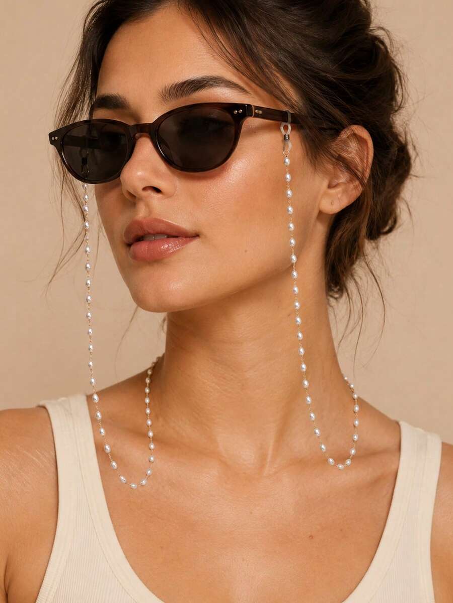 1pc Women's Pearl Eyeglass Chain, Elegant Beaded Anti-Slip Glasses Lanyard, Necklace-Style Eyewear Accessory, Suitable For Vacation, Party And Daily Wear - Silver - View 1