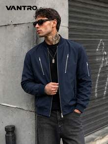 Multi-Zipper Pocket Silver Zipper Detail Ribbed Elastic Cuff Loose Casual Streetwear Jacket Street Techwear Flight Jacket Daily Casual Flight Jacket - Blue - View 1