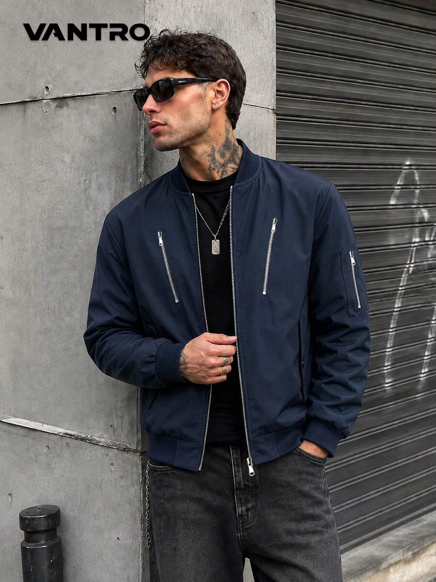 Multi-Zipper Pocket Silver Zipper Detail Ribbed Elastic Cuff Loose Casual Streetwear Jacket Street Techwear Flight Jacket Daily Casual Flight Jacket - Blue - View 1