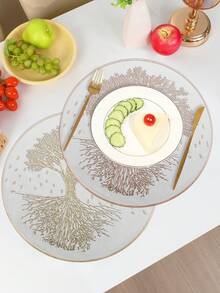 1-12pcs Luxury Tree Of Life PVC Placemats, Light Gold Embossed Round Table Mats For Holiday Table Setting - Multicolor - View 7