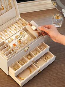 1pc Large Capacity Diamond Drawer Jewelry Box, White Green Color Block Black Optional, Top Layer Necklace Hooks Ring Slots Earring Board, Bottom Layer Drawer Compartments, Lockable Dust-Proof, Vanity Storage Watch Slot, Anti-Oxidation, Necklace Hooks, Home Use Zipper - Multicolor - View 7