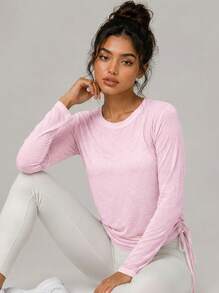 Never me Women's Sports Top With Drawstring Sides, Loose And Comfortable, Daily Running, Workout, Pilates, Yoga, Long Sleeve T-Shirt, Solid Color, Semi-Sheer - Pink - View 3