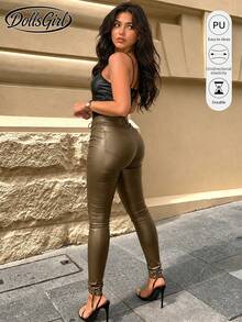 High Waist Button Slant Pocket PU Leather Elastic Skinny Pants, Casual Trousers For Music Festival & Party Fall - Khaki - View 2