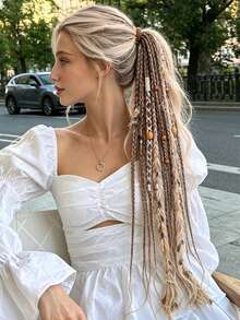 1 buah Wig Ekor Kuda Kepang Gaya Boho Hippie, Ekstensi Rambut Kepang Sintetis yang Dihiasi dengan Rumbai Benang, Manik-manik Kayu, dan Tabung Logam, Cocok untuk Festival Musik, Pesta Rave, dan Pemakaian Sehari-hari - MultiWarna - View 8