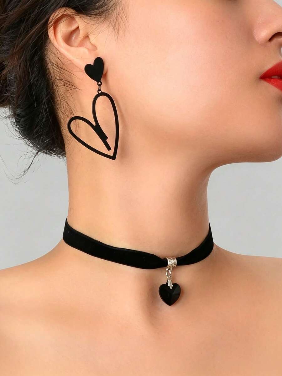 3pcs Black Heart Necklace & Earrings Set, Heart Pendant Choker, Hollow Heart Drop Earrings Women Accessories - Black - View 1