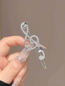Silver Music Note Rhinestone Hair Clip For Women, New Niche Design Side Bangs Clip, Hair Accessory - Silver - View 8