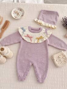 Baby Girl Spring/Autumn Knitted Romper Set, Taro Purple Textured Ribbed Wavy Ruffle Peter Pan Collar Colorful Ribbon Bow Crawler - Lilac Purple - View 2