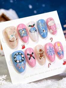 NAIO 10pcs Almond Shaped Press-On Nails, Sweet Christmas Theme Fake Nails, Gingerbread Man Snowflake Reindeer Bell Rocking Horse Holiday Pattern, Glossy Full Coverage Artificial Nails, Suitable For Holiday Party Christmas Wear - Multicolor - View 3