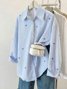 Plus Size Women's Striped Colorblock Print Front Button Lapel Collar Shirt, Loose Casual Everyday Style, Spring/Autumn/Winter Top - Light Blue - View 2