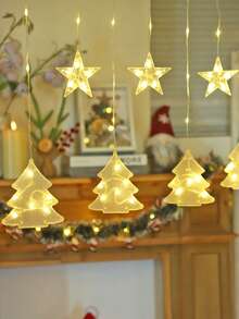 1pc Home Christmas Decoration Bell Star LED Light Curtain, Battery Powered, Holiday Party Decorative Light String, Indoor Room Wall/Window Decoration Light, Bell Christmas Light String, Christmas Decoration Light, Christmas Gift, Bell Fairy Light - Clear - Christmas Tree + Star - View 4