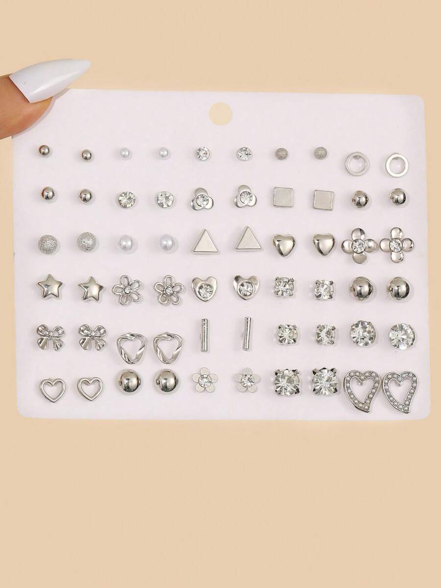 30 Pairs Girls Silver Bow Heart Triangle Stud Earrings Set Combination Suitable For Daily Decoration - Silver - View 1
