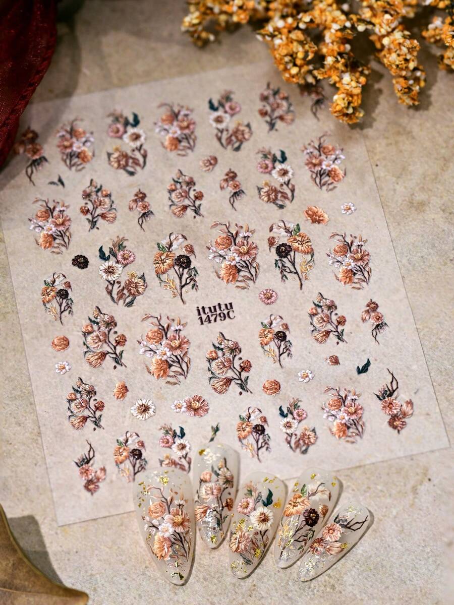 復古油畫乾花美甲貼紙,秋季花卉玫瑰美甲貼,森系藝術感自黏式美甲裝飾貼,氛圍感美甲裝飾貼 - 彩色 - 查看 1