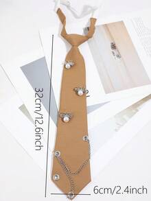 1pc Y2K Hot Girl Style Khaki No-Tie Necktie With Rhinestone Bee, Faux Pearl, Eyelet And Chain, Niche JK Shirt Accessory - Multicolor - View 5