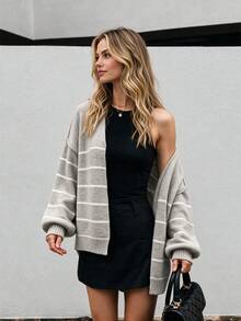 Women's Lazy Elegant Light Gray Autumn/Winter Striped V-Neck Knit Cardigan, Loose Drop Shoulder Long Sleeve Buttonless Sweater Jacket, Soft Skin-Friendly Fabric, Daily Commute And Outing Outfit - Khaki - View 6